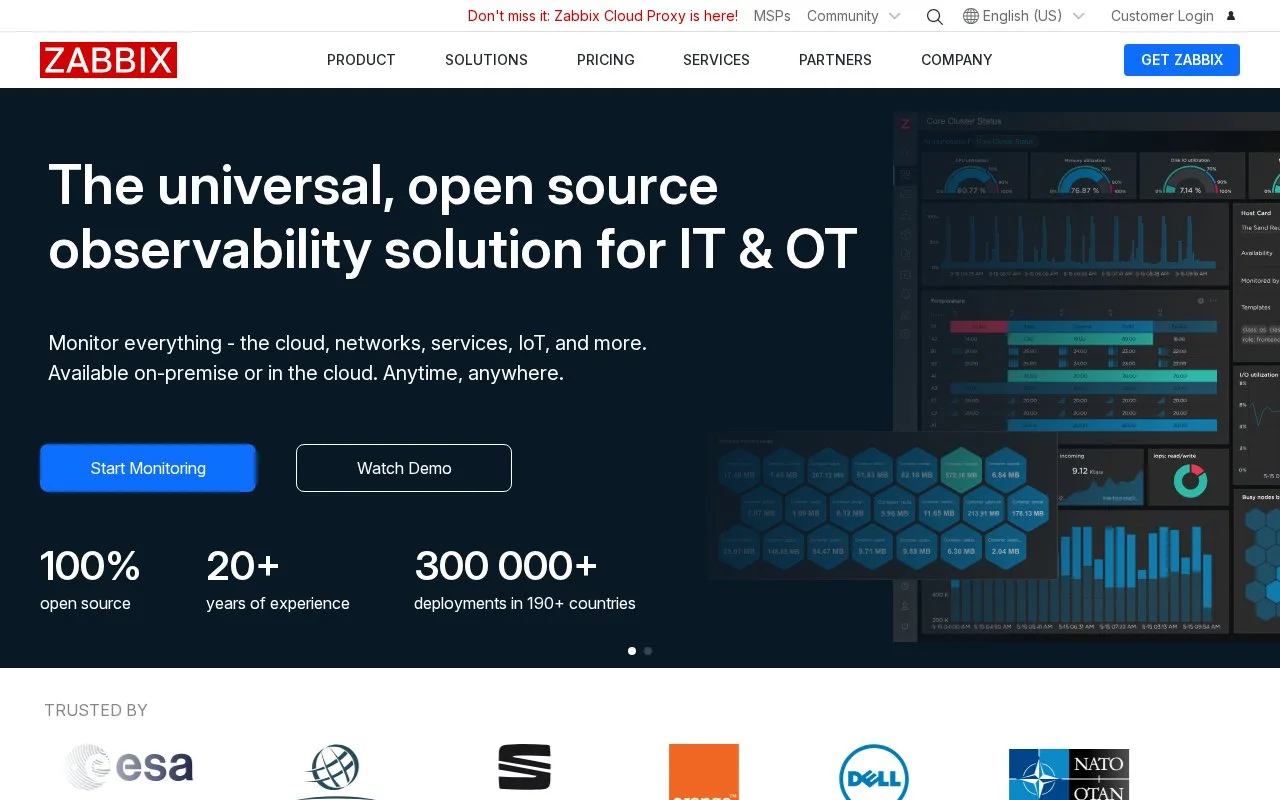 Screenshot of the Zabbix homepage