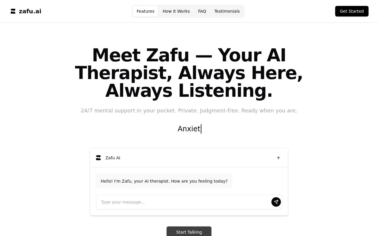 Screenshot of the Zafu.ai homepage