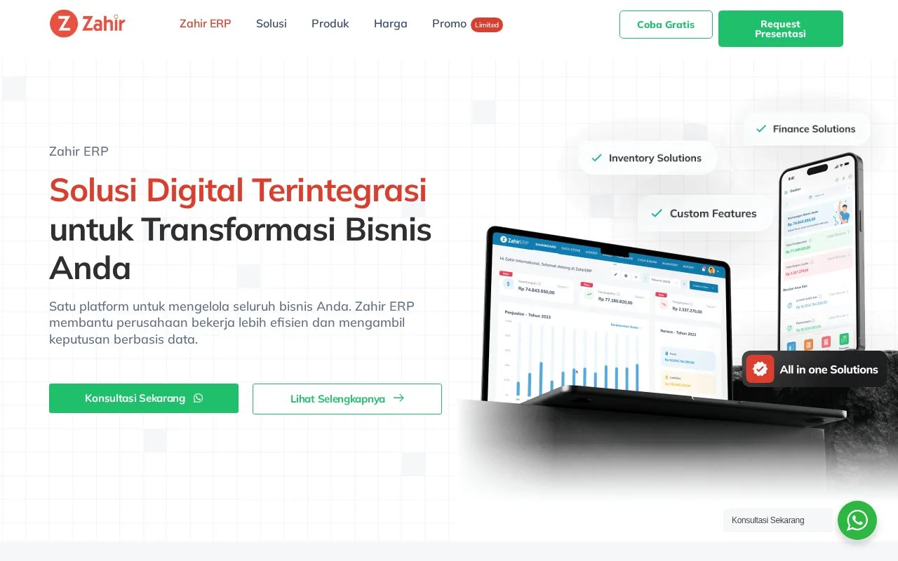 Screenshot of the Zahir Accounting homepage