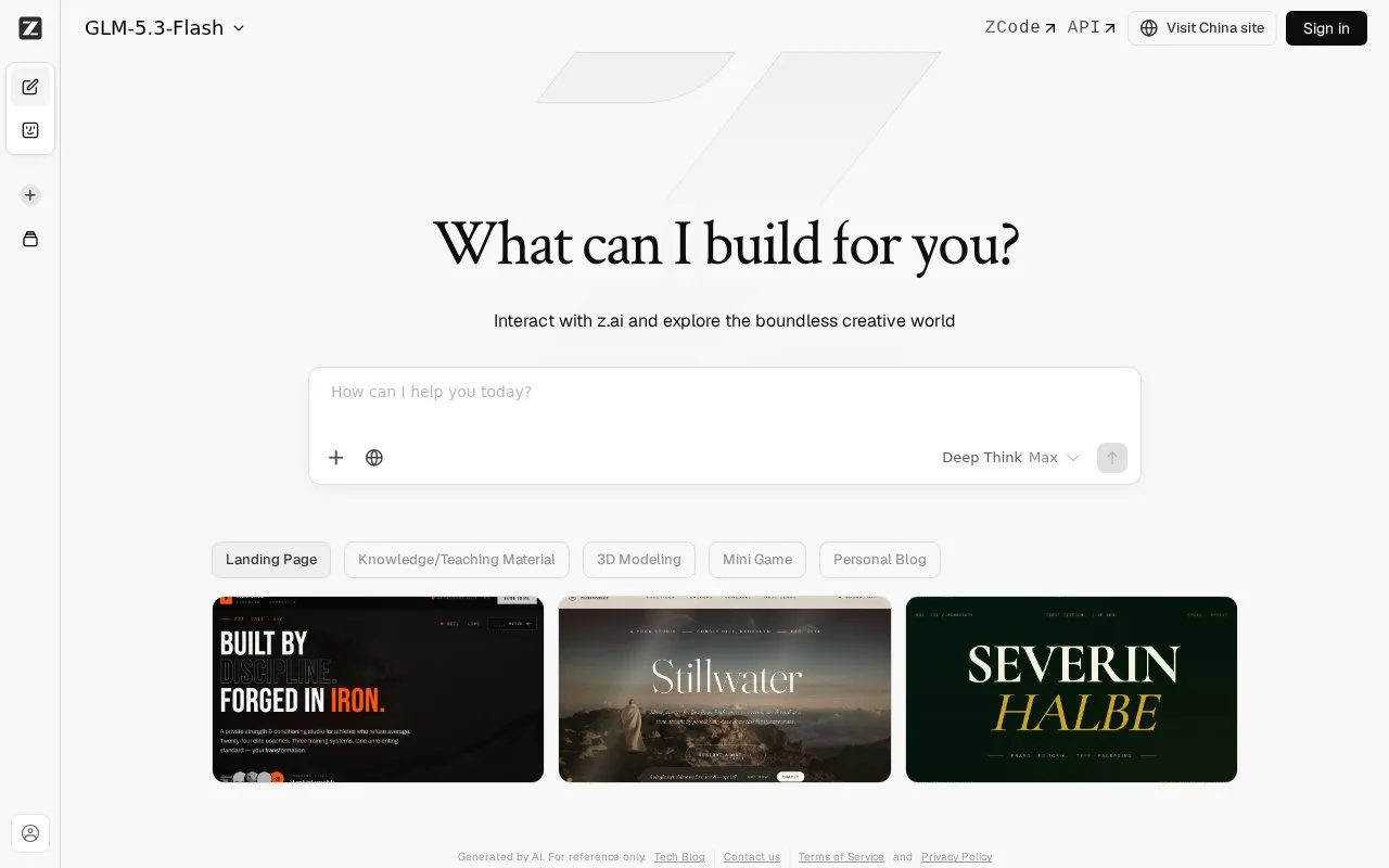 Screenshot of the Z.ai homepage