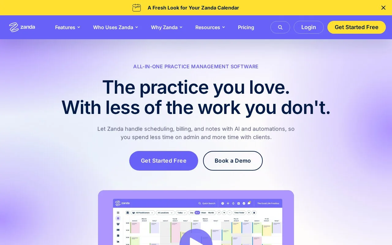 Screenshot of the Zanda homepage