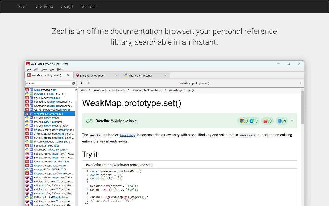Screenshot of the Zeal homepage