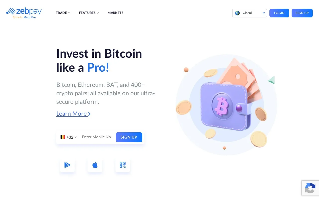 Screenshot of the ZebPay homepage