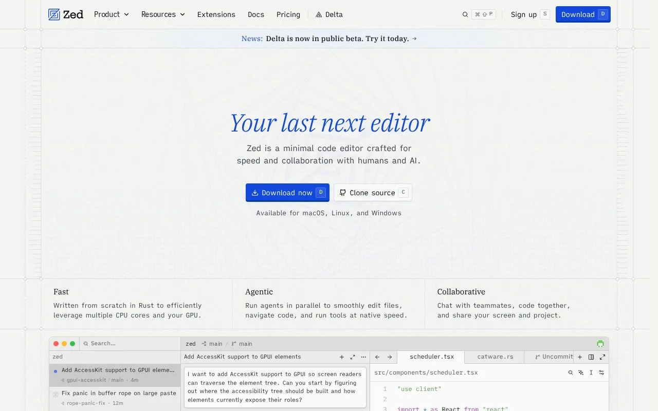 Screenshot of the Zed homepage