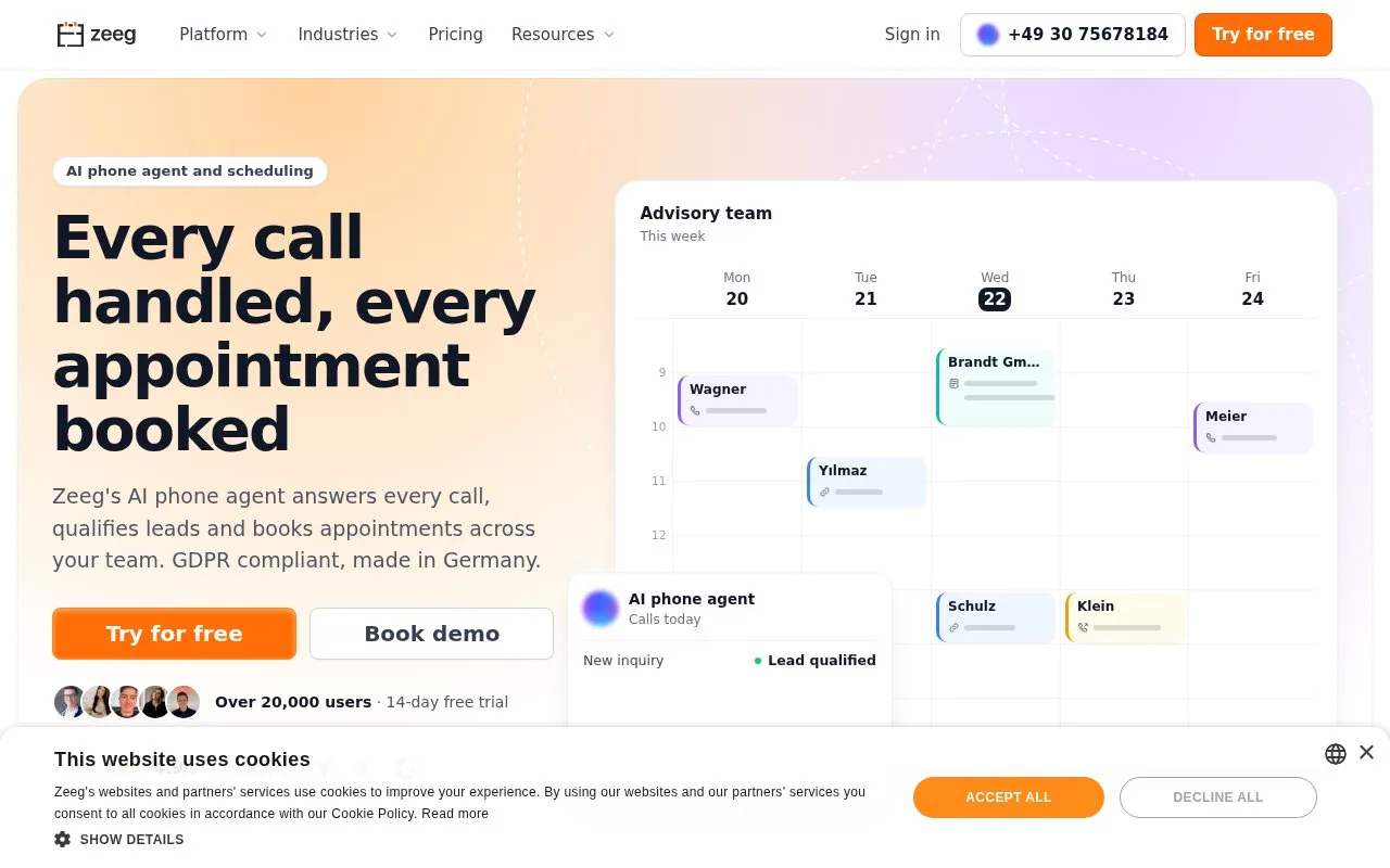 Screenshot of the Zeeg homepage