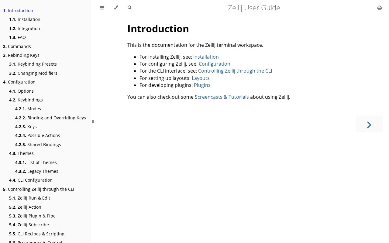 Screenshot of the Zellij homepage