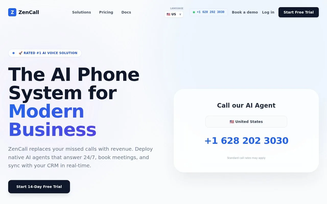 Screenshot of the ZenCall.ai homepage