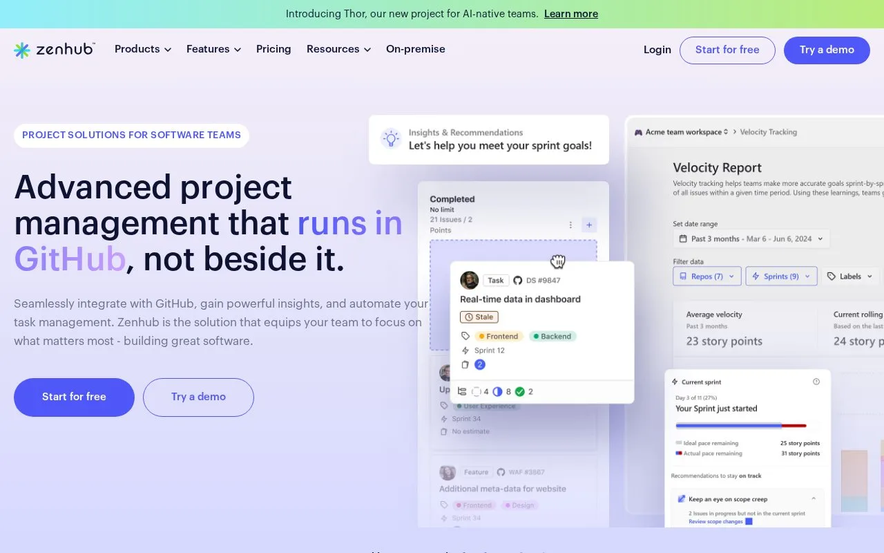 Screenshot of the Zenhub homepage