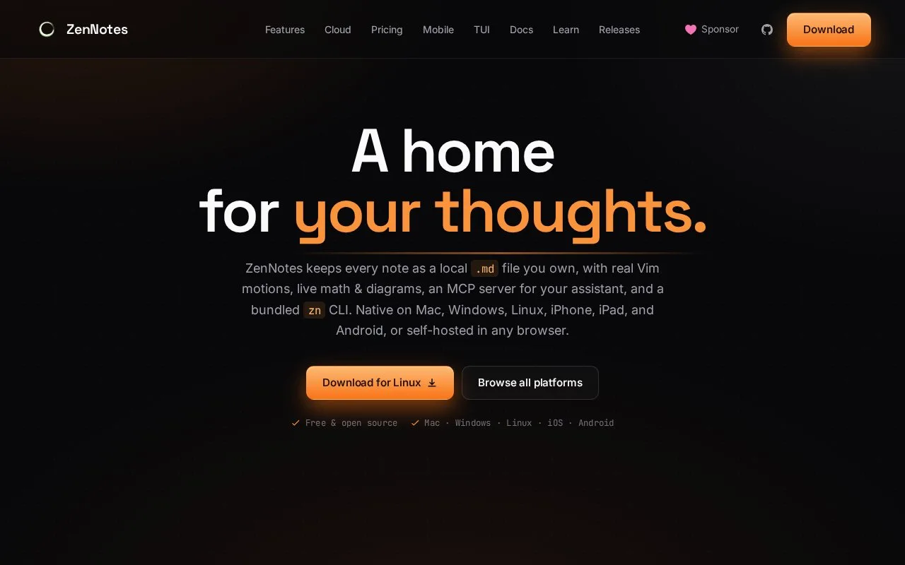 Screenshot of the ZenNotes homepage