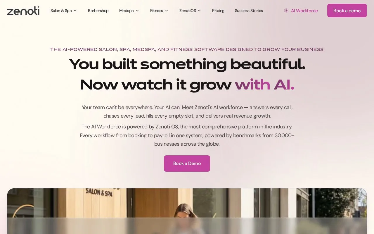 Screenshot of the Zenoti homepage