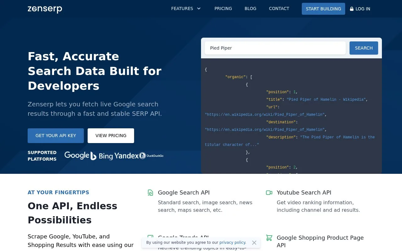 Screenshot of the Zenserp homepage