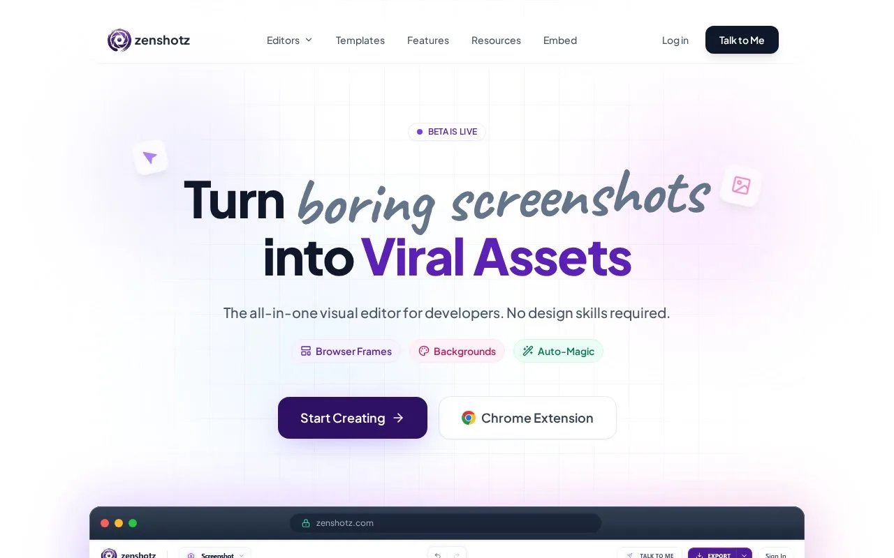 Screenshot of the Zenshotz homepage