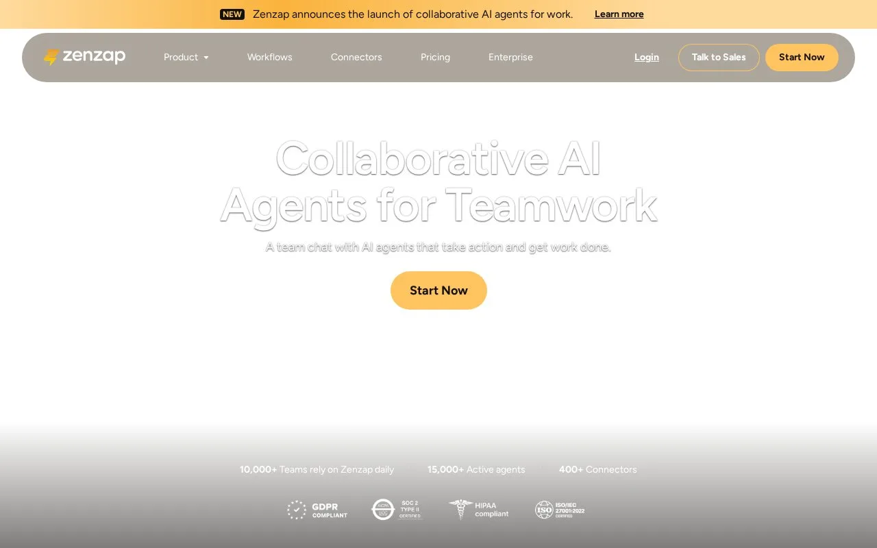 Screenshot of the Zenzap homepage