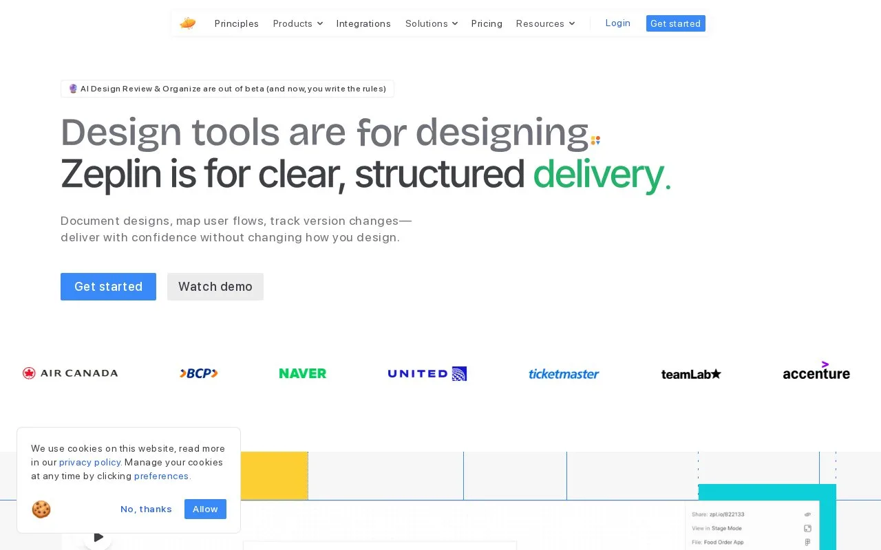 Screenshot of the Zeplin homepage