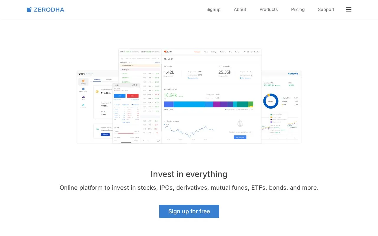 Screenshot of the Zerodha homepage