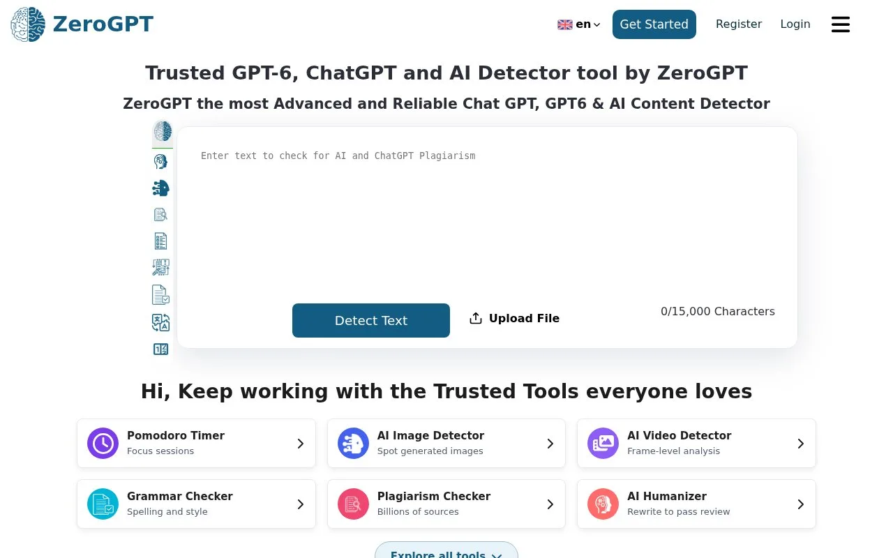 Screenshot of the ZeroGPT homepage