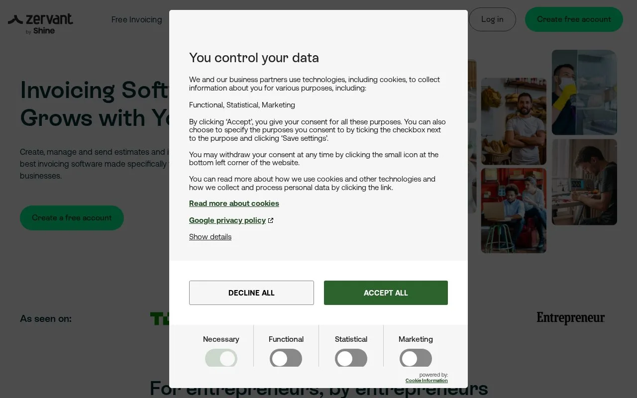 Screenshot of the Zervant homepage