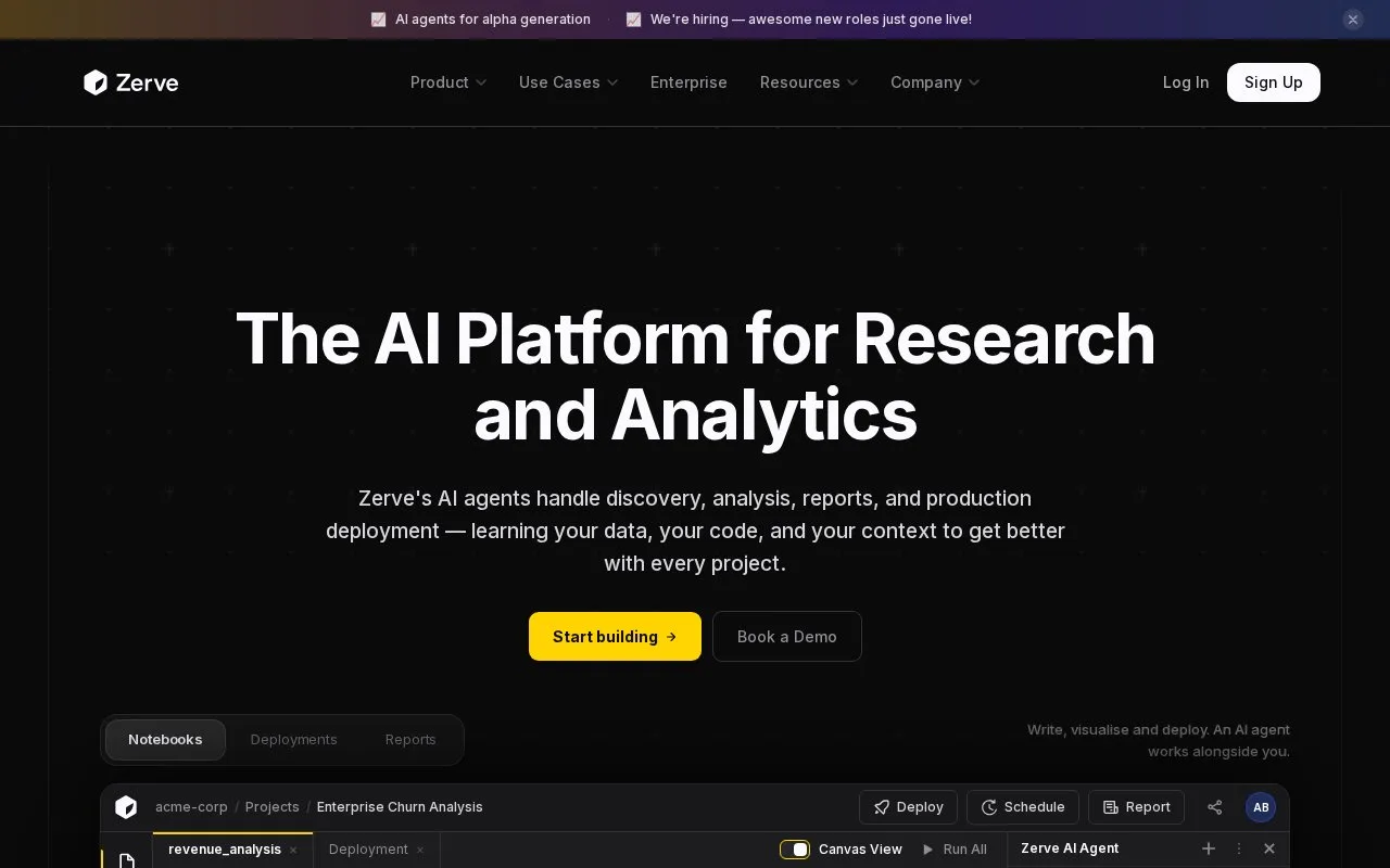 Screenshot of the Zerve homepage
