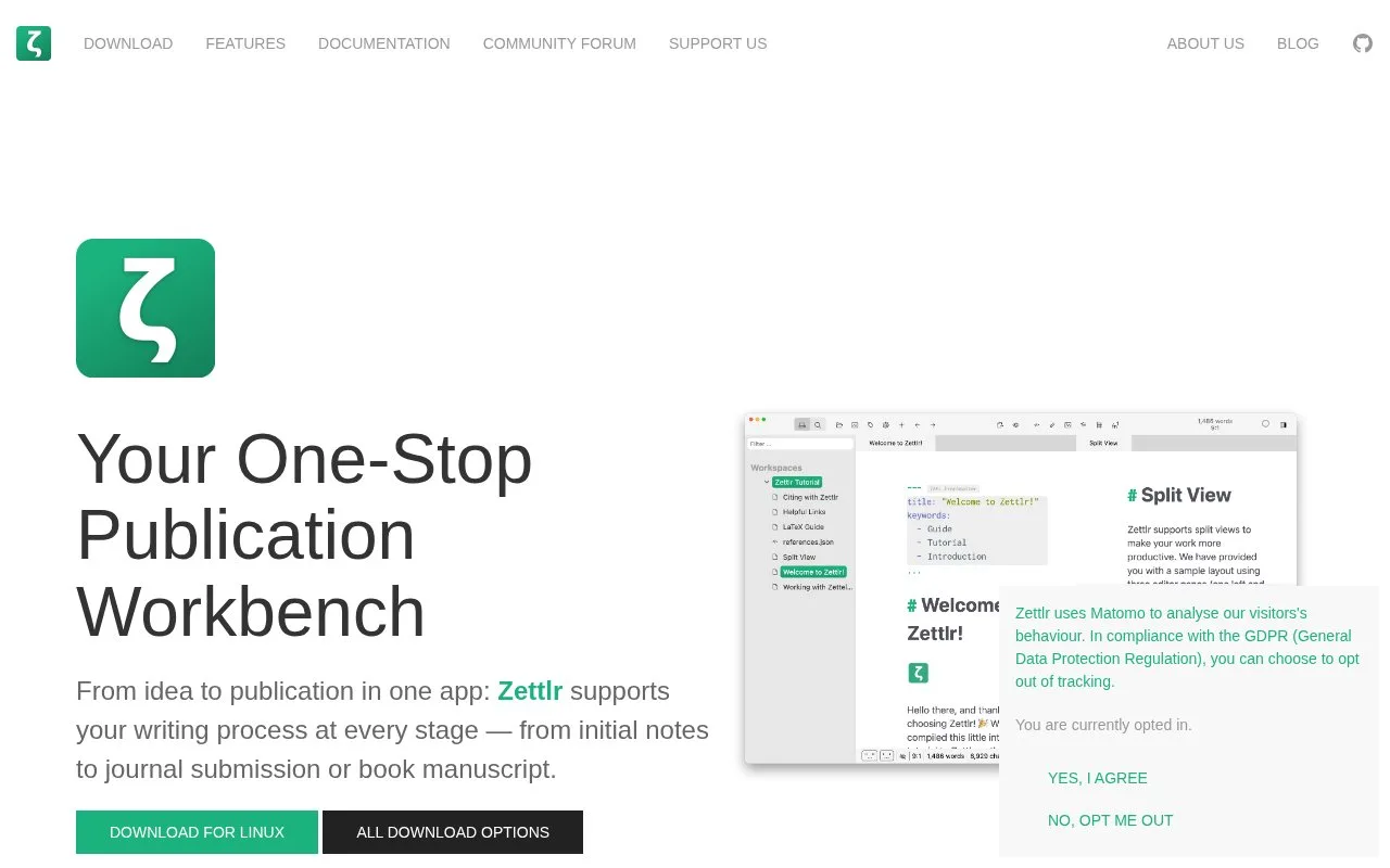Screenshot of the Zettlr homepage