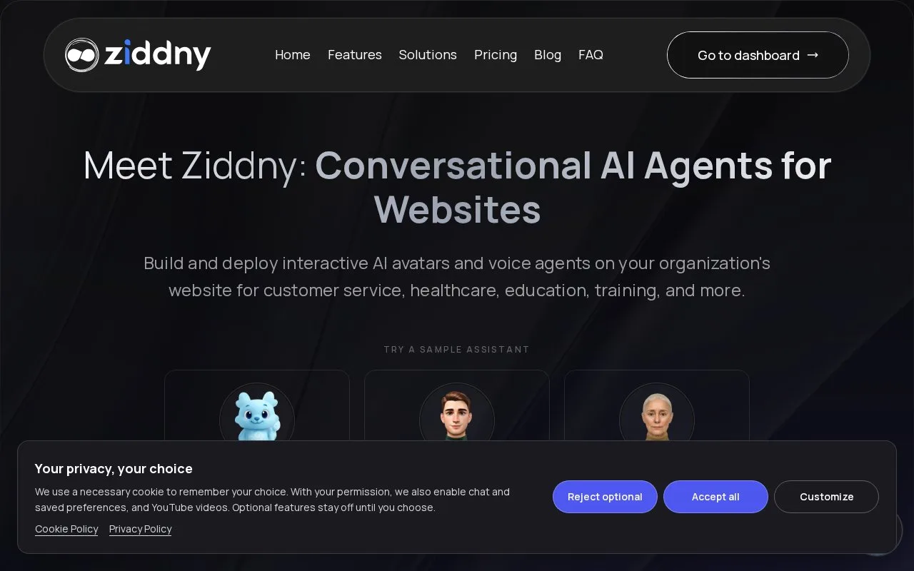 Screenshot of the Ziddny homepage