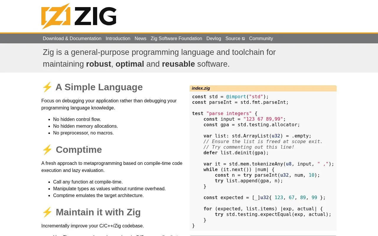 Screenshot of the Zig homepage