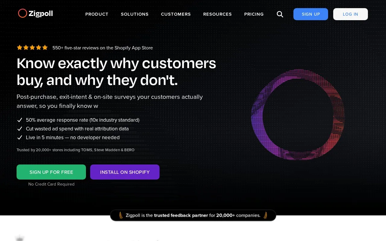 Screenshot of the Zigpoll homepage