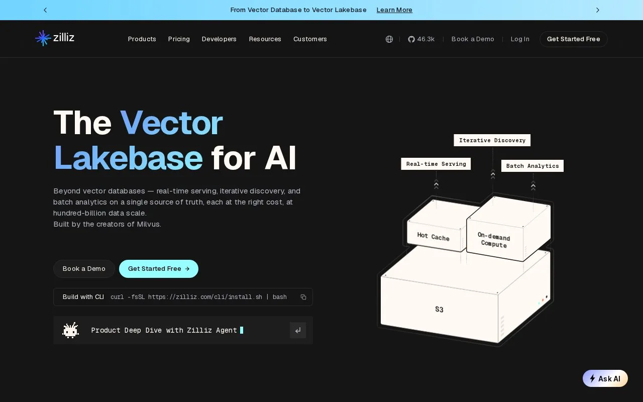 Screenshot of the Zilliz homepage