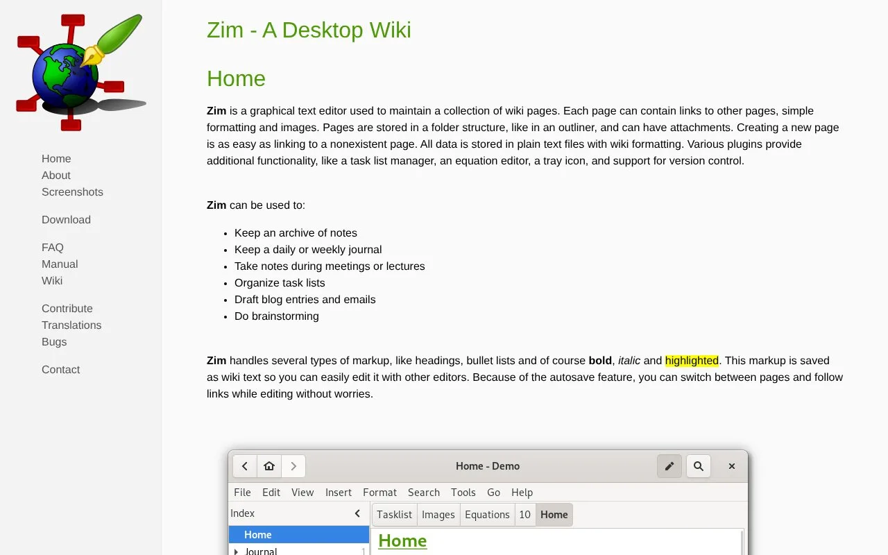 Screenshot of the Zim Desktop Wiki homepage