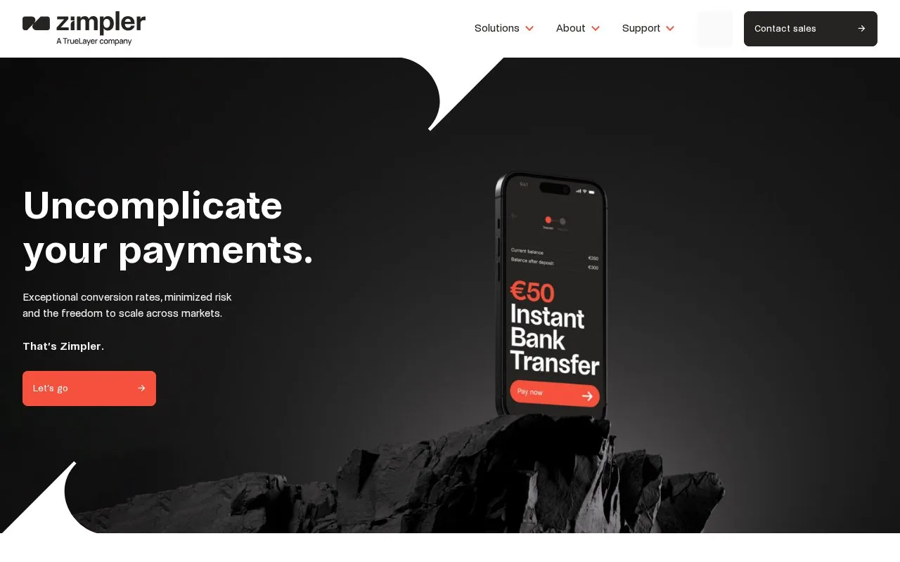 Screenshot of the Zimpler homepage