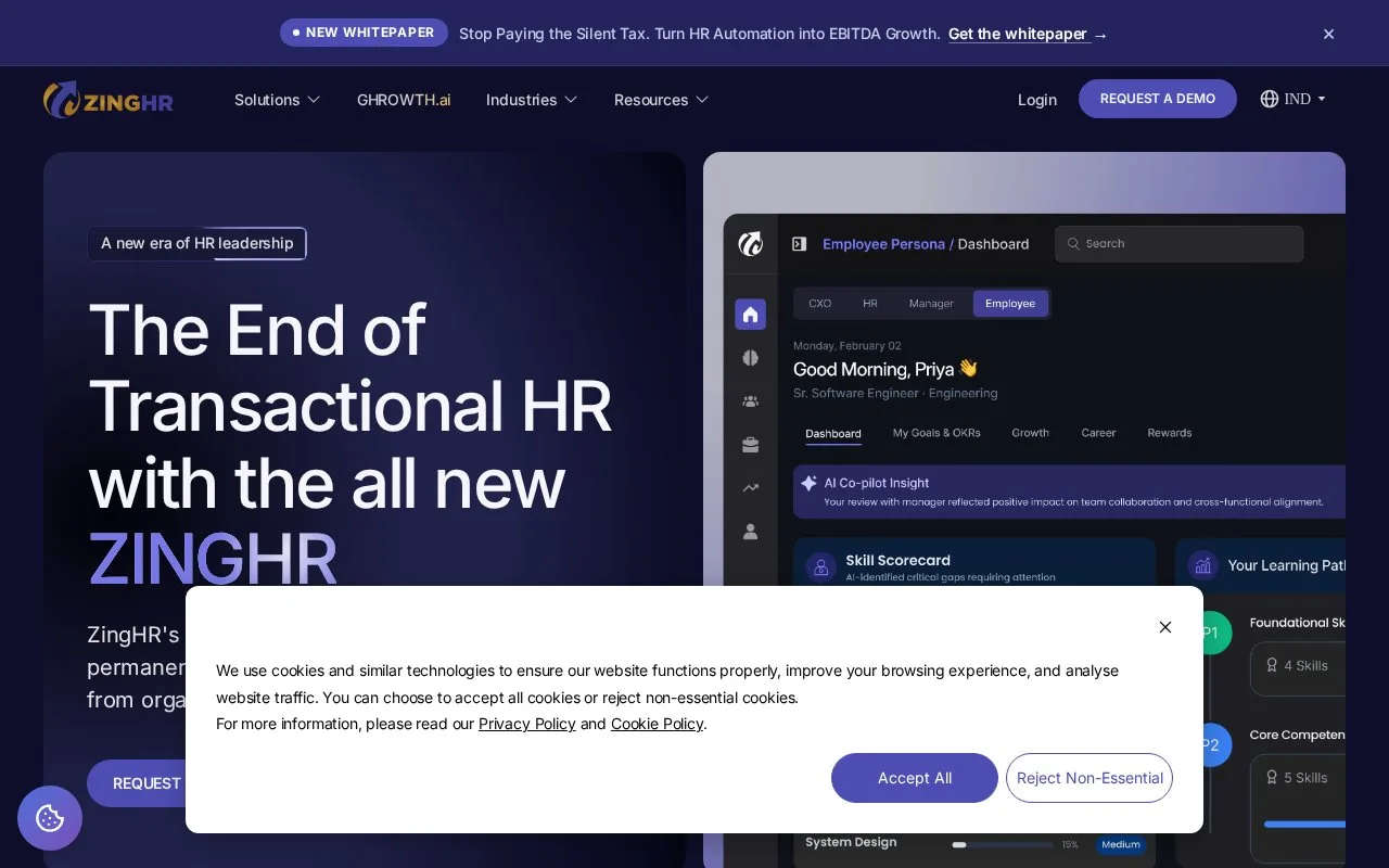 Screenshot of the ZingHR homepage