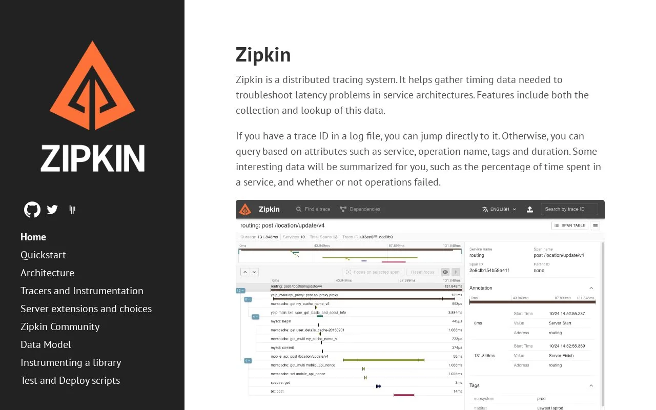 Screenshot of the Zipkin homepage