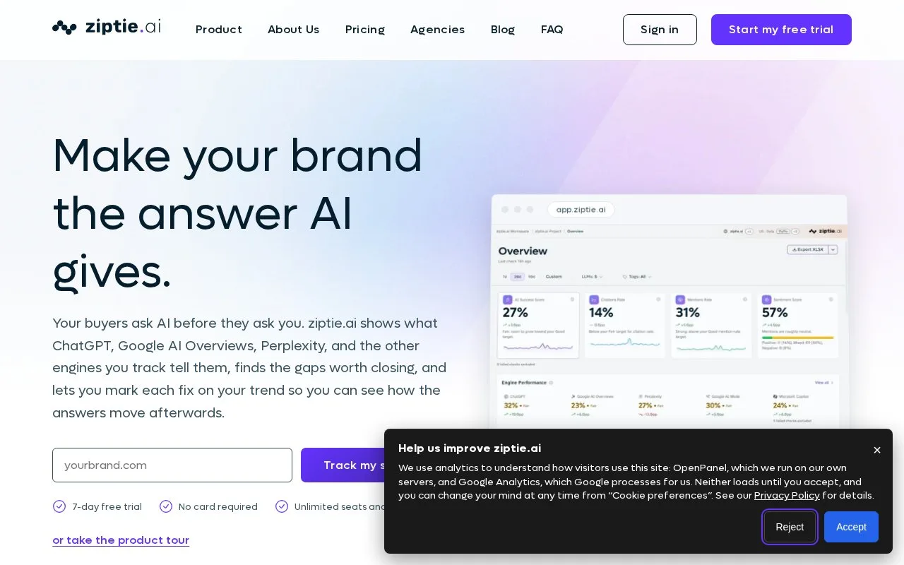 Screenshot of the ziptie.ai homepage