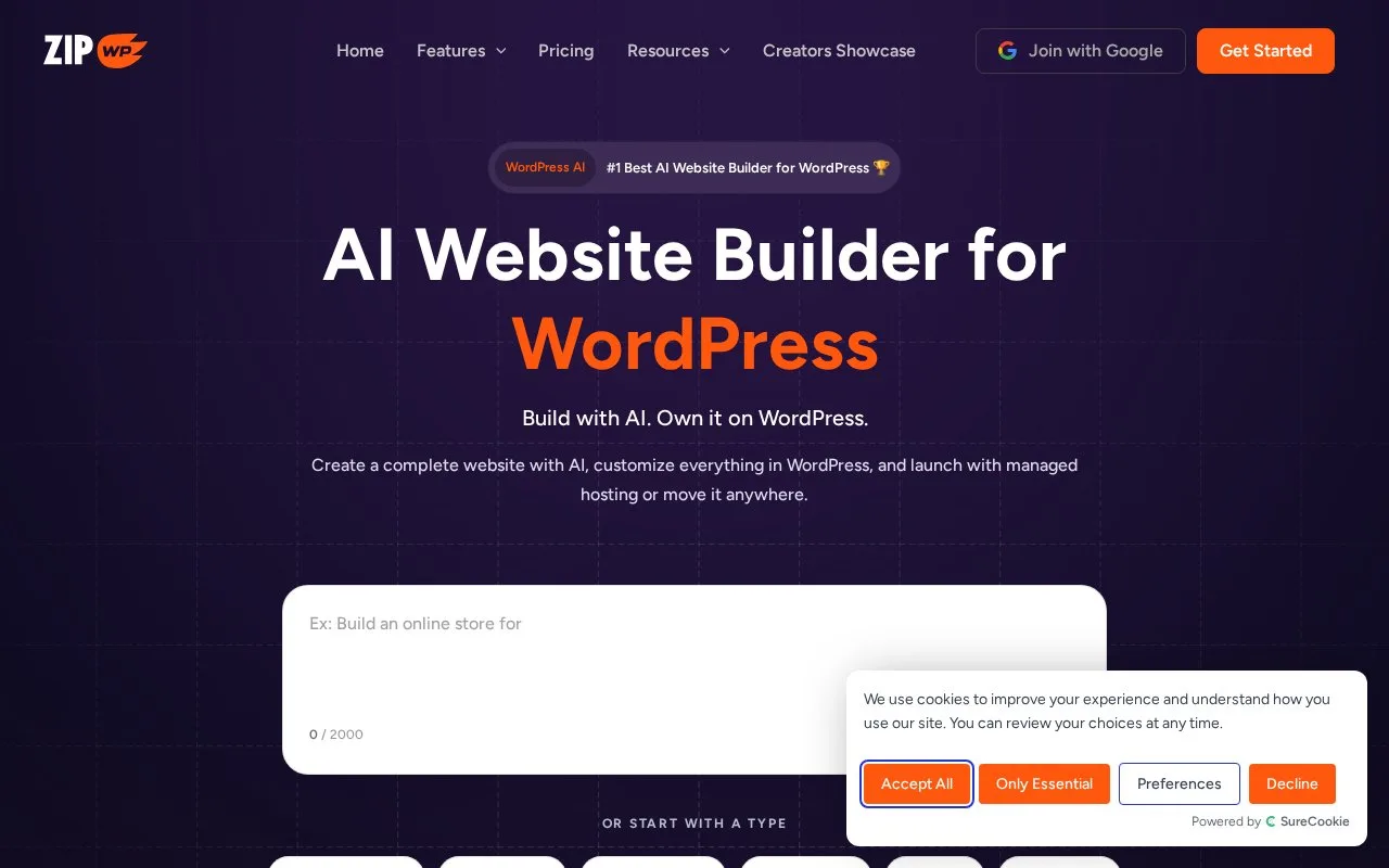 Screenshot of the ZipWP homepage
