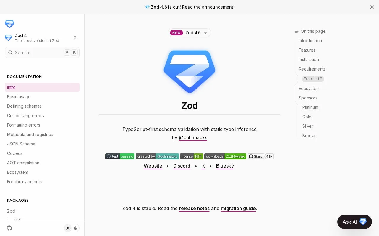 Screenshot of the Zod homepage