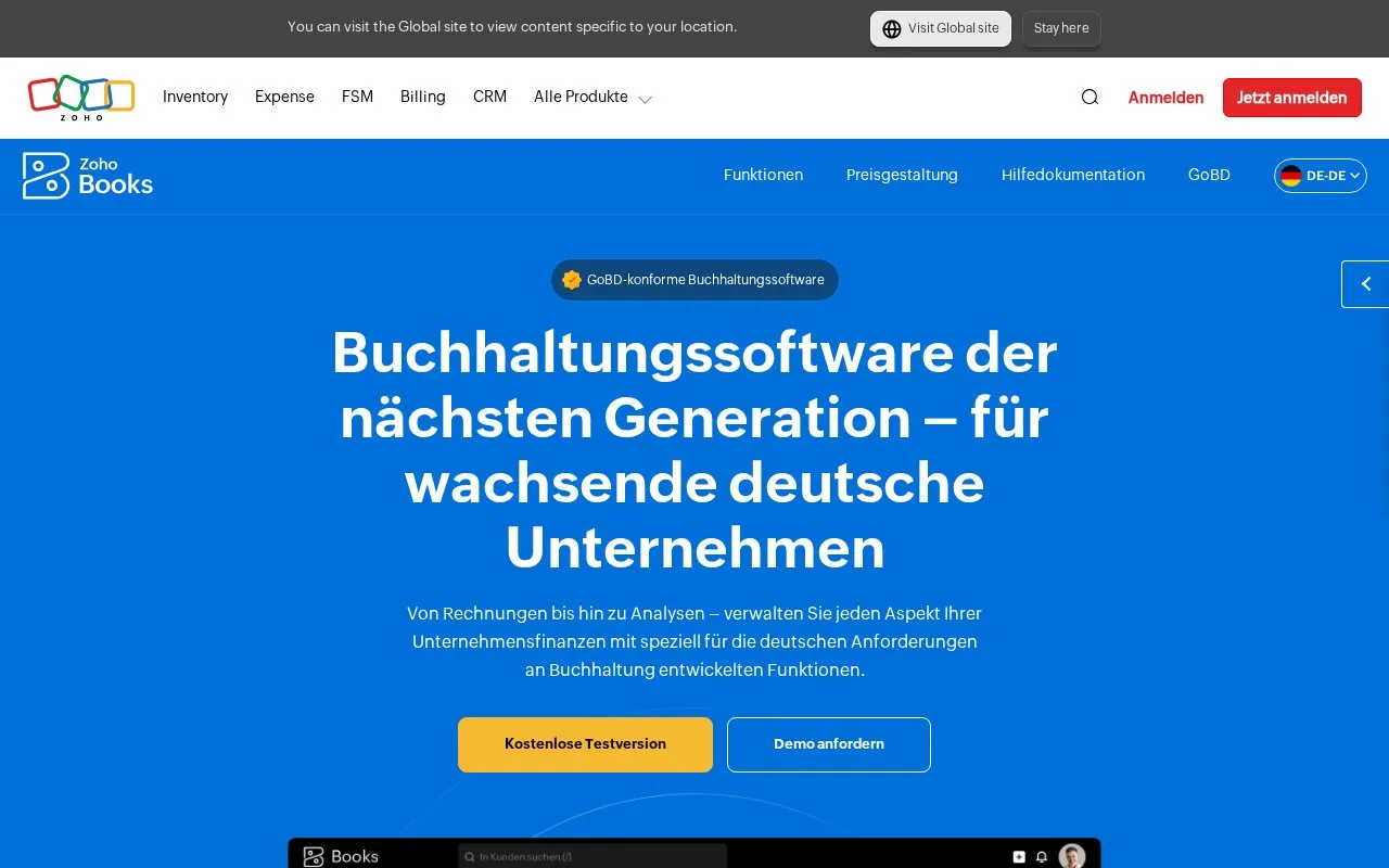 Screenshot of the Zoho Books homepage