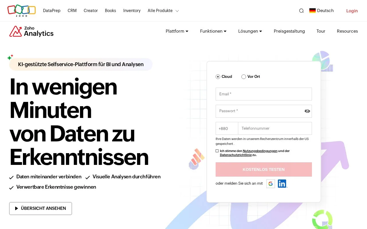 Screenshot of the Zoho Analytics homepage