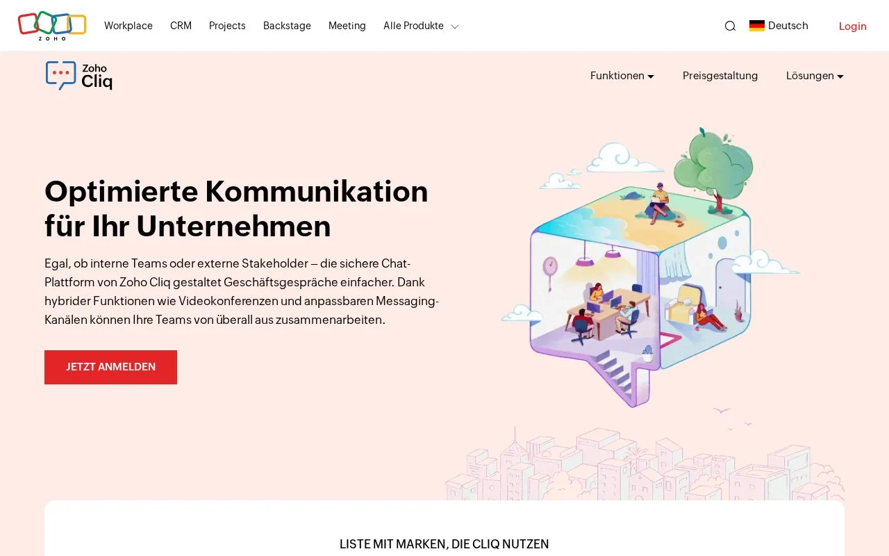 Screenshot of the Zoho Cliq homepage