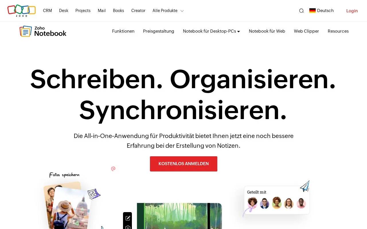 Screenshot of the Zoho Notebook homepage