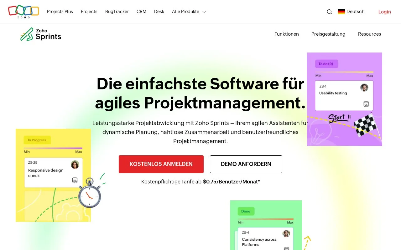 Screenshot of the Zoho Sprints homepage