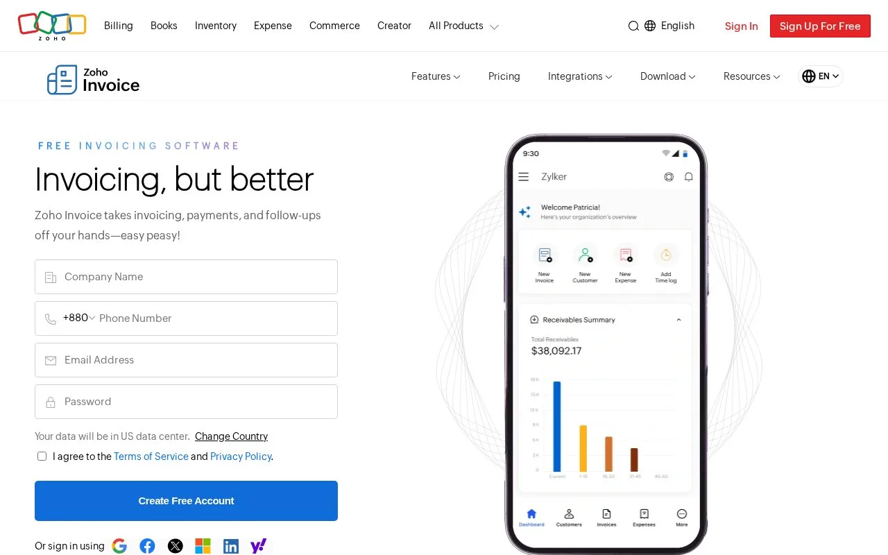 Screenshot of the Zoho Invoice homepage