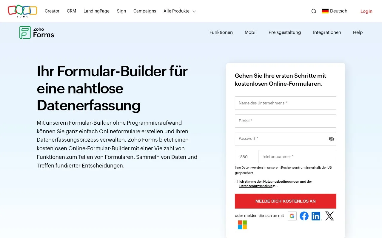 Screenshot of the Zoho Forms homepage