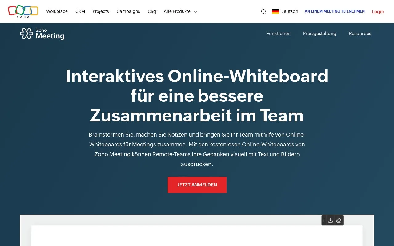 Screenshot of the Zoho Meeting Whiteboard homepage