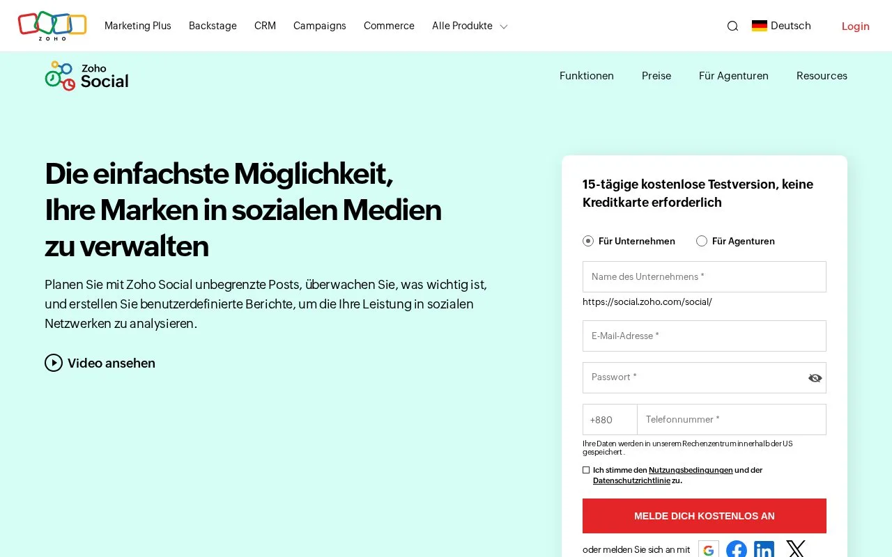 Screenshot of the Zoho Social homepage