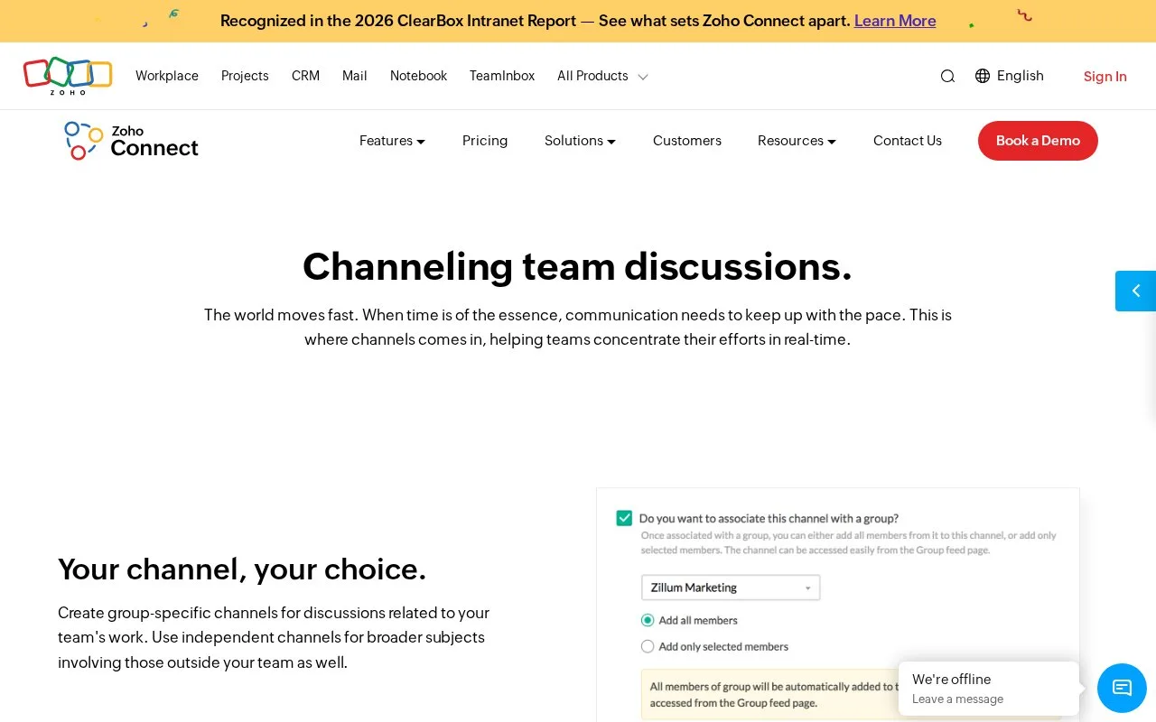 Screenshot of the Zoho Connect homepage