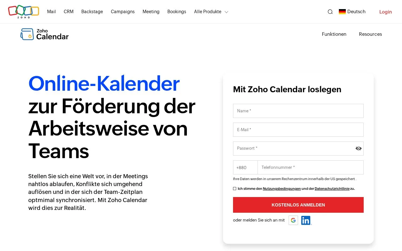 Screenshot of the Zoho Calendar homepage
