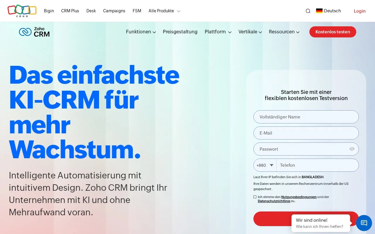 Screenshot of the Zoho CRM homepage