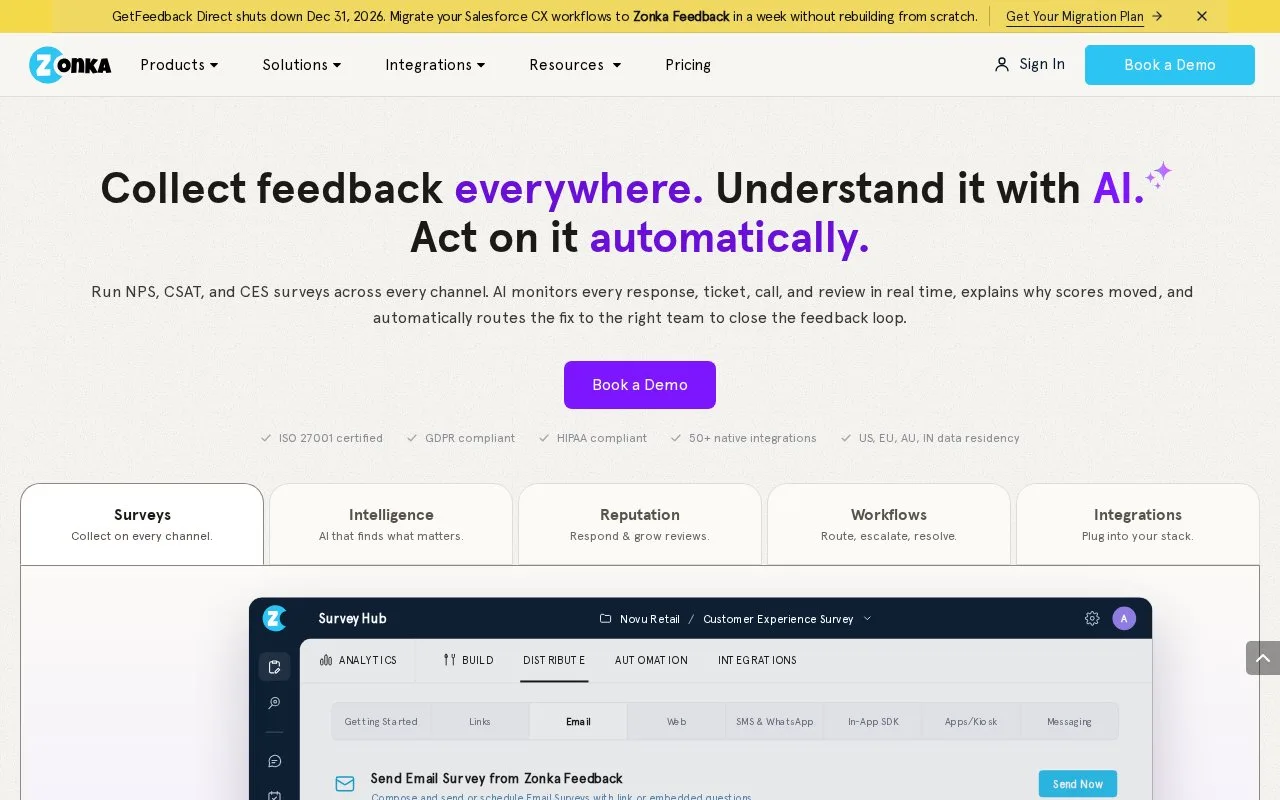 Screenshot of the Zonka Feedback homepage