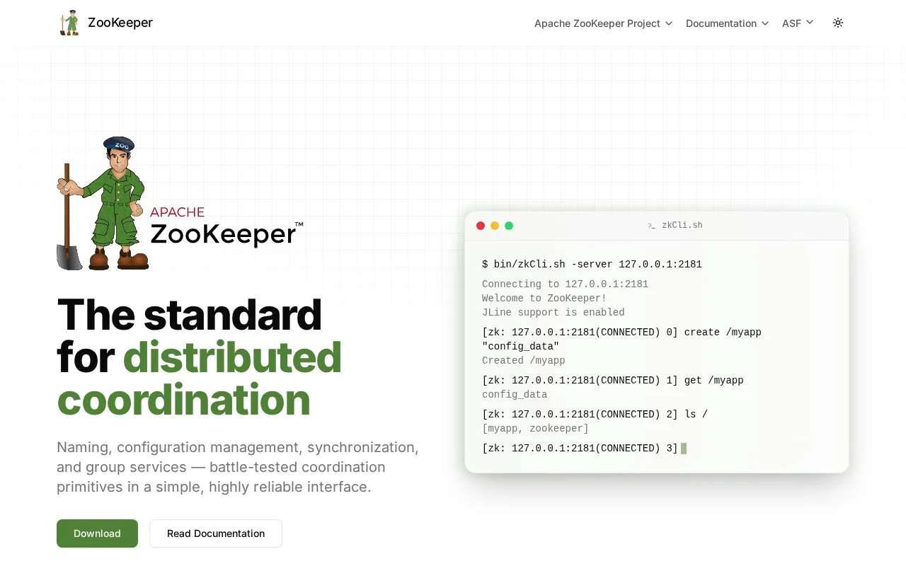 Screenshot of the Apache ZooKeeper homepage