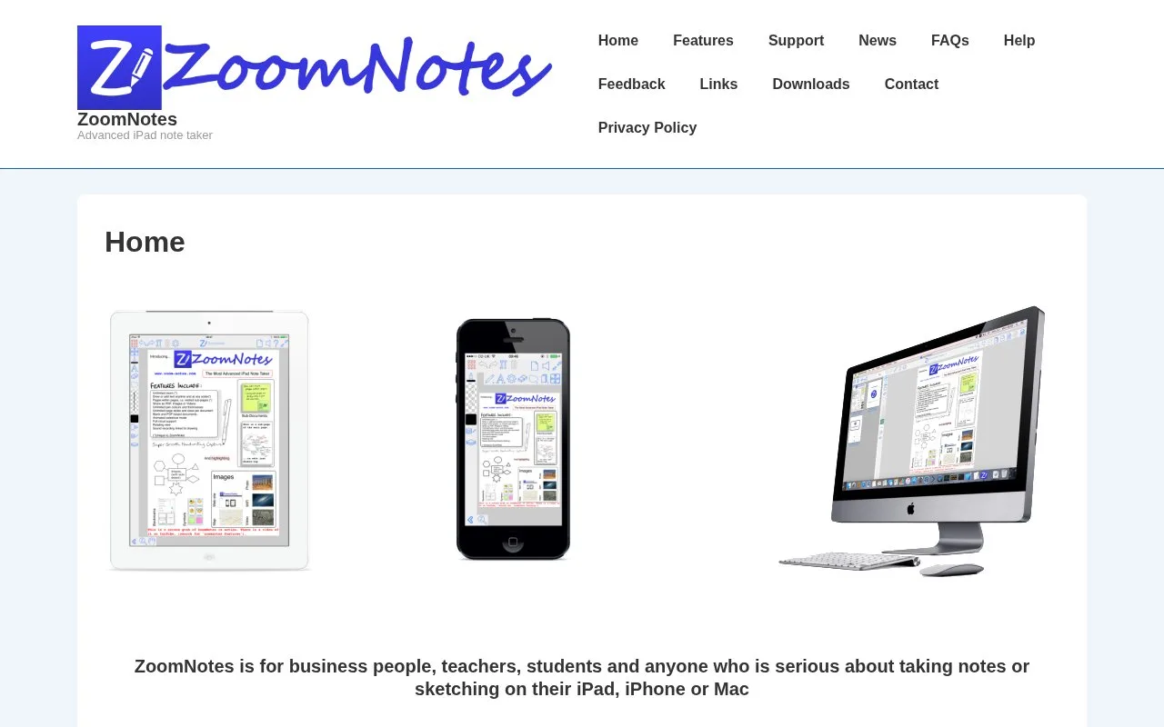 Screenshot of the ZoomNotes homepage