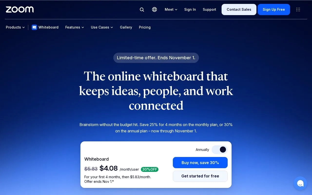 Screenshot of the Zoom Whiteboard homepage